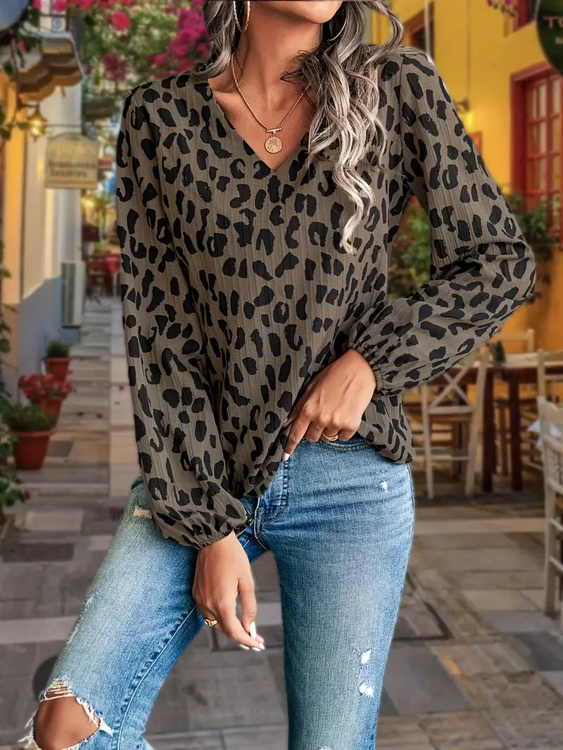 Bluse mit V-Ausschnitt und Leopardenmuster | Bluse für Damen