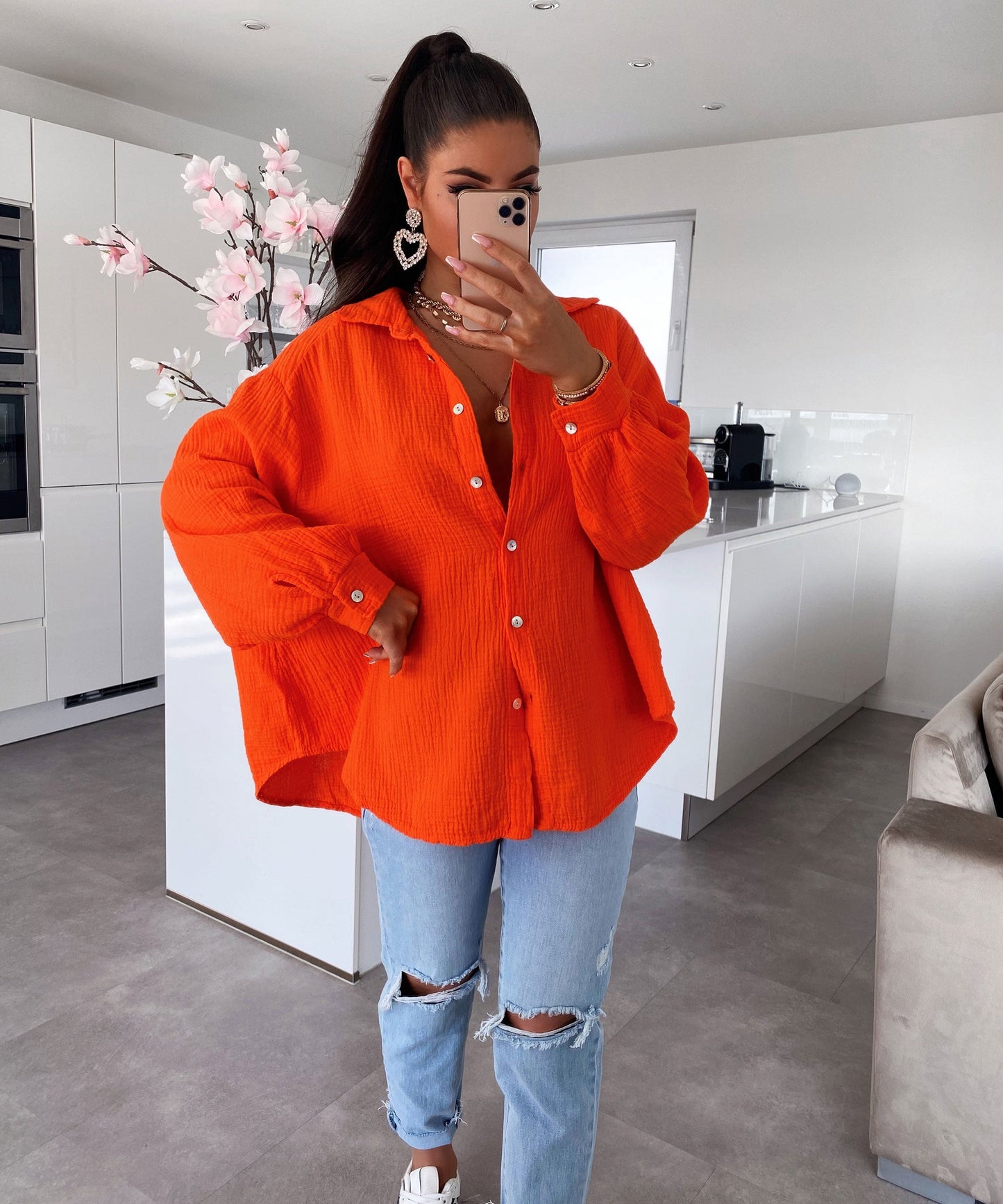 Musselin Bluse Freya Orange Kurz