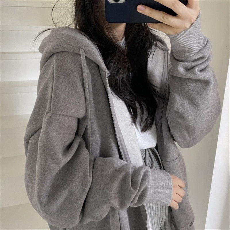 WOLF Zip-up Oversized Solid Pocket Hooded Langarm Lose Baseball Jacke