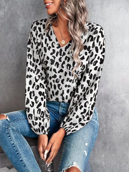 Bluse mit V-Ausschnitt und Leopardenmuster | Bluse für Damen